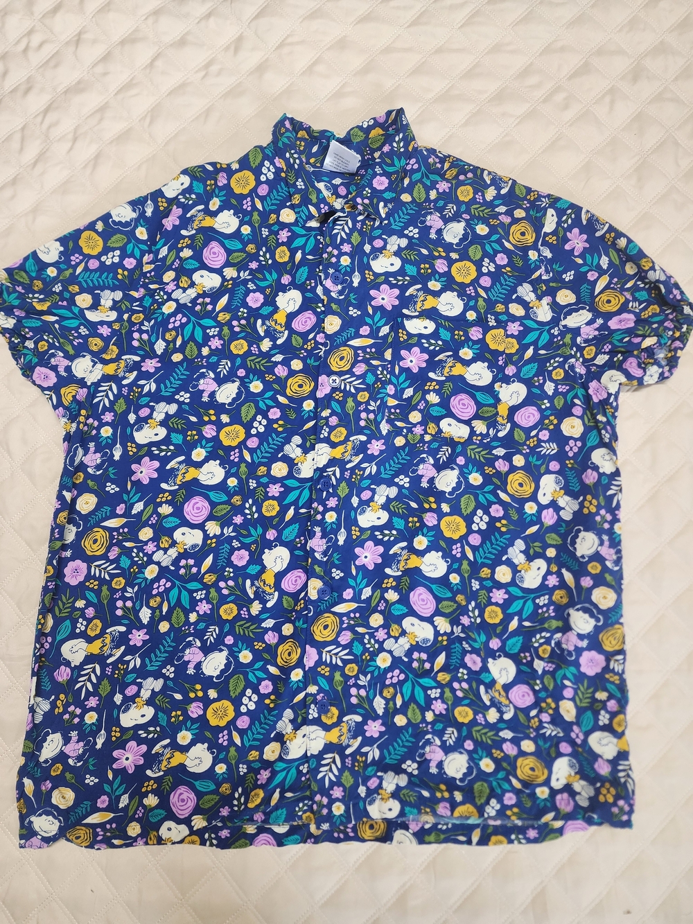 Peanuts Navy Floral Short Sleeve Button-Up Shirt with Multicolor Character Print